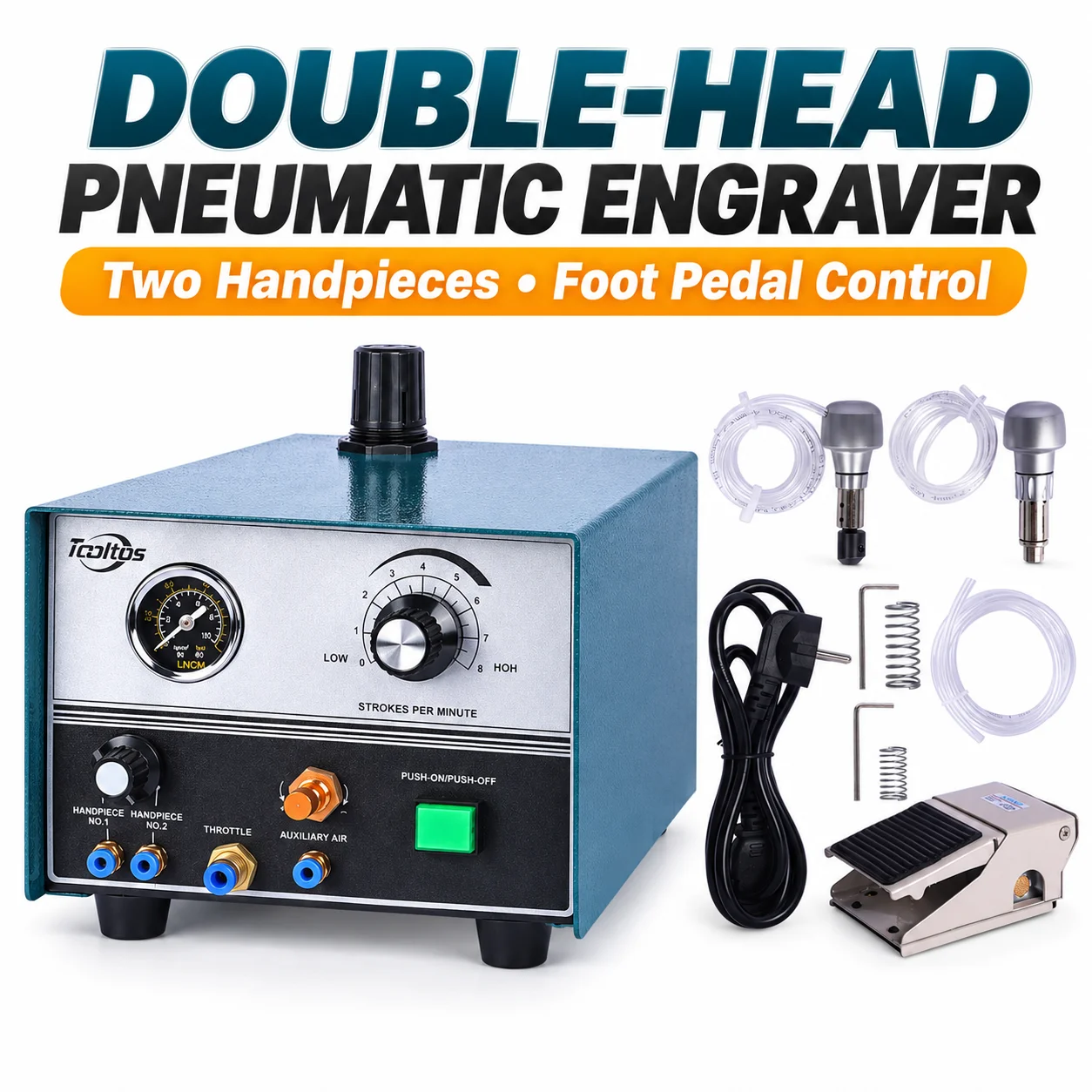 Double Head Pneumatic Jewelry Engraver 60W 43 PSI Adjustable Speed Foot Pedal Engraving Machine for Stone Setting Jewelry Making