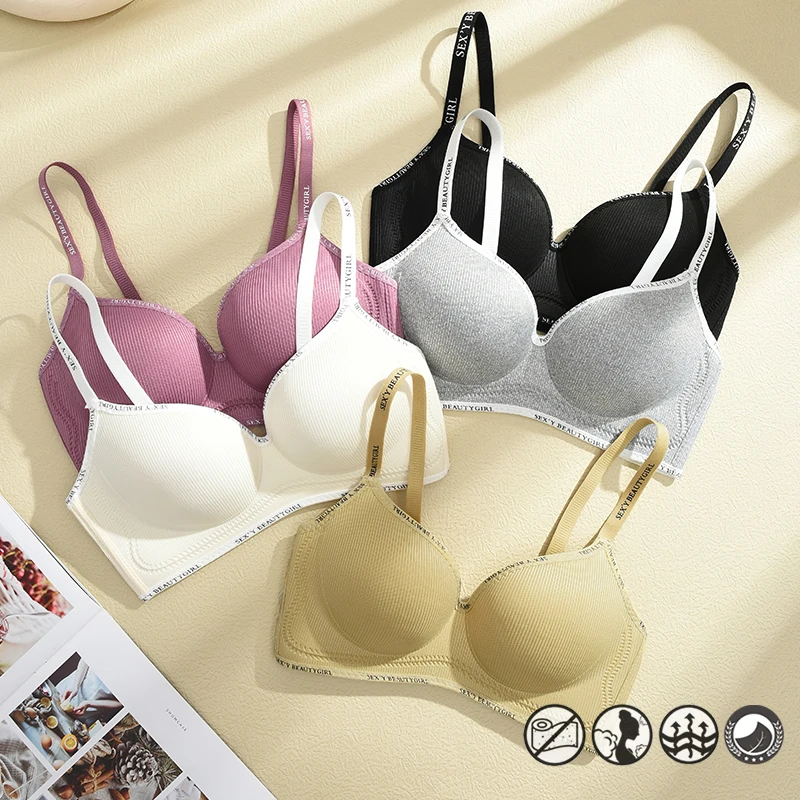 New Seamless Wireless Push Up Bras Women Deep V Neck Sexy Letter Straps 2Pcs Set Solid Color Comfortable Lingerie Underwire Free