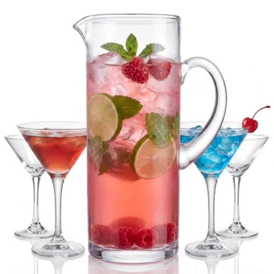 

5 Pcs Pitcher and Glass Set Set 68 oz Water Pitcher with Spout and 4 Pcs 5 oz Martini Glasses for Water, Juice, Sangria, Lemona