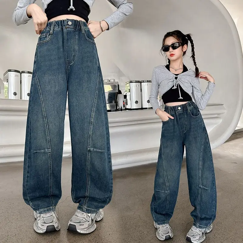 

New Fashion Girls Denim Pants Spring Fall Teenage Kids Loose Straight Jeans Children Vintage Dark Blue Patchwork Jeans Trousers