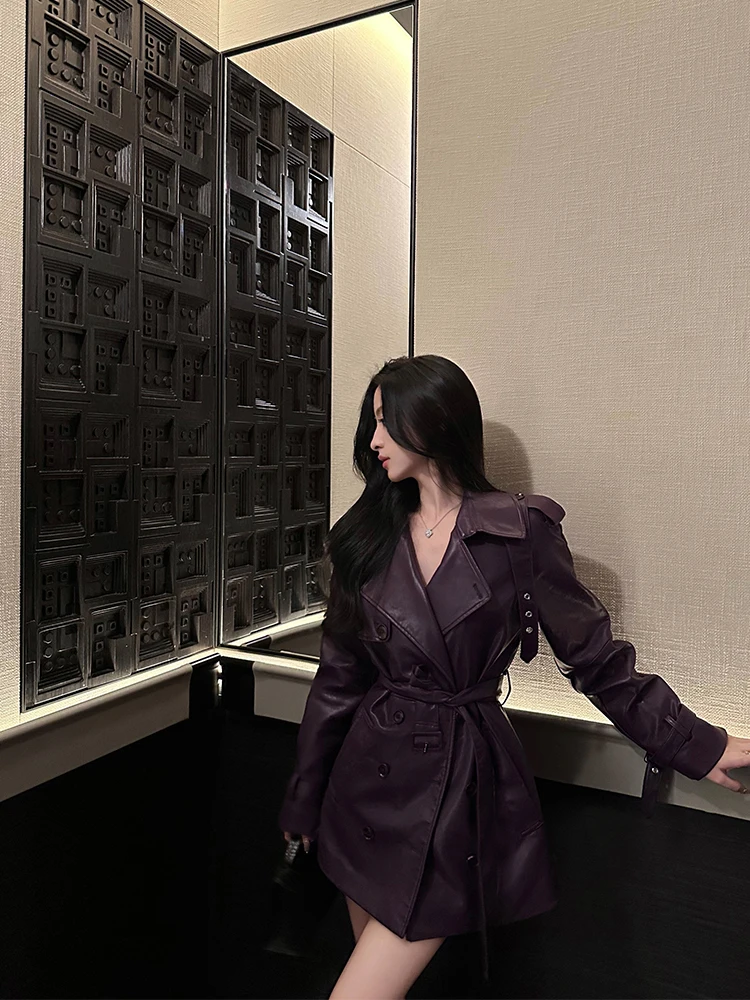 エレ パープル レザー ジャケット レディース カジュアル ハイエンド 秋冬 ヴィンテージ 多用途トップス フェイ スリ アウターウェア