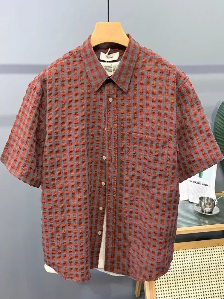 

Summer New Men's Plaid Bubble irt Casual ort Sve Stand Fit Lightweight Trendy Square Collar Classic Sle Clothing