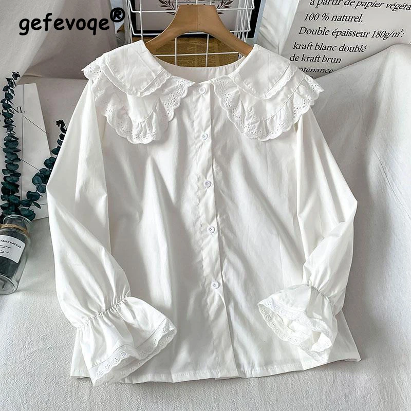 Kawaii Peter Pan Collar Chic Vintage Embroidery Lace Long Sleeve White Shirt for Women New Spring Autumn Casual Loose Blouse Top