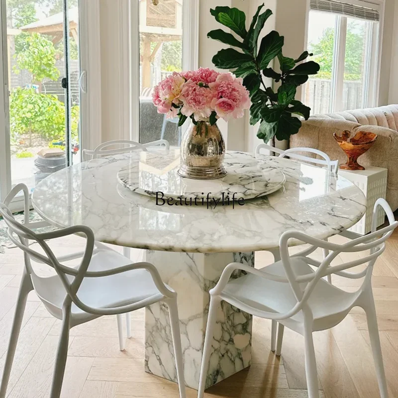 Natural Arabescato Marble round Table French round Light Luxury Turntable Dining Table