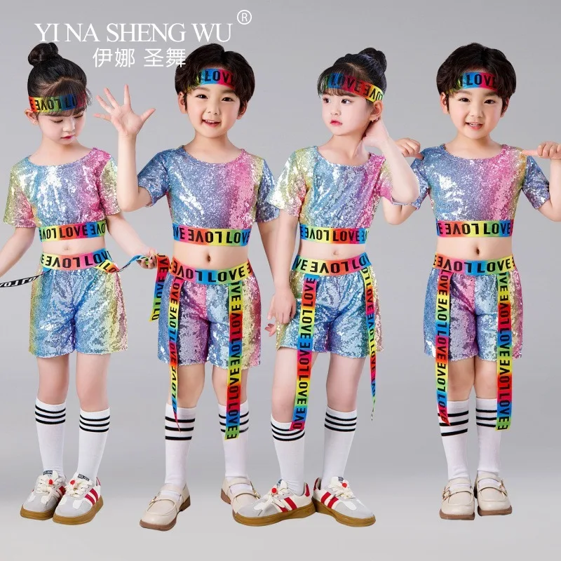 Kinder Hip-Hop Jazz Dance Kostüme Jungen und Mädchen Street Dance & Modern Dance Performance Crop Top mit Shorts Pailletten Set