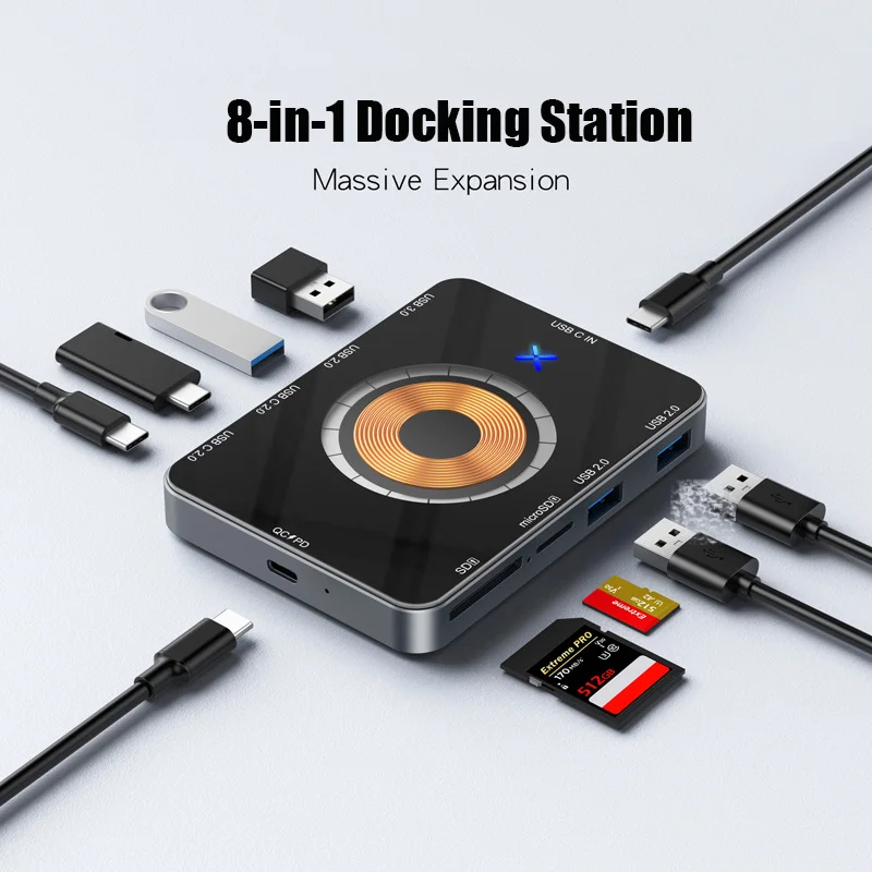 8 in 1 USB C Hub 5Gbps Type C Docking Station 15W Wireless Fast Charging TF/SD Card Reader QC/PD Power Inlet for Phone Computer