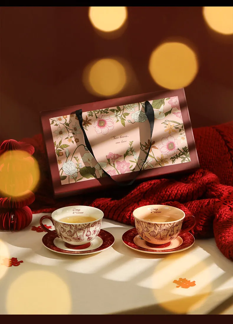 Juego de Tazas y Platos de Cerámica Blue Lotus PYH, Caja de Regalo, Taza para Parejas, Boda, Lujo Ligero de Alta Gama, Alto Valor