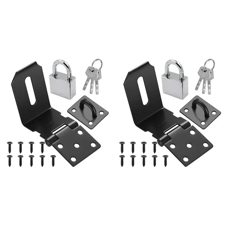 B29C-2 Set 4 Inch 90 Degree Padlock Hasps, Stainless Steel Latch Lock Padlock Hasp With Padlock And Keys Set, Door Latches