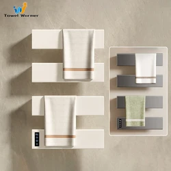 White Electric Heated Towel Rail Smart Temperature Time Control Towel Warmer Hidden/Exposed Wires Bathroom Electric Towel Rack