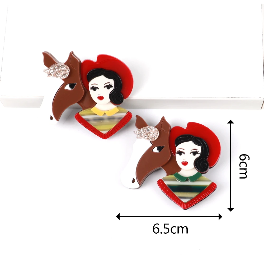 FishSheep Cute Acrylic Girl and Horse Brooches for Women Resin Handmade Beautiful Wear Hat Big Brooch Pins Clothing Accessoris