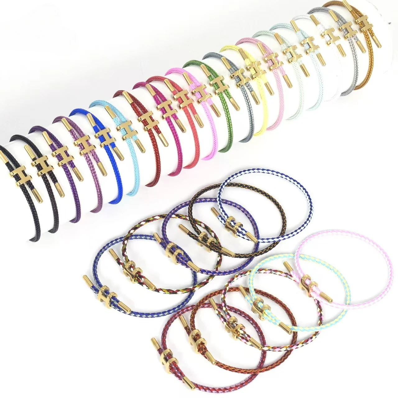

Braided Rope Bracelet Adjustable for Women with Stainless Steel Charms Arm Stacking Jewelry