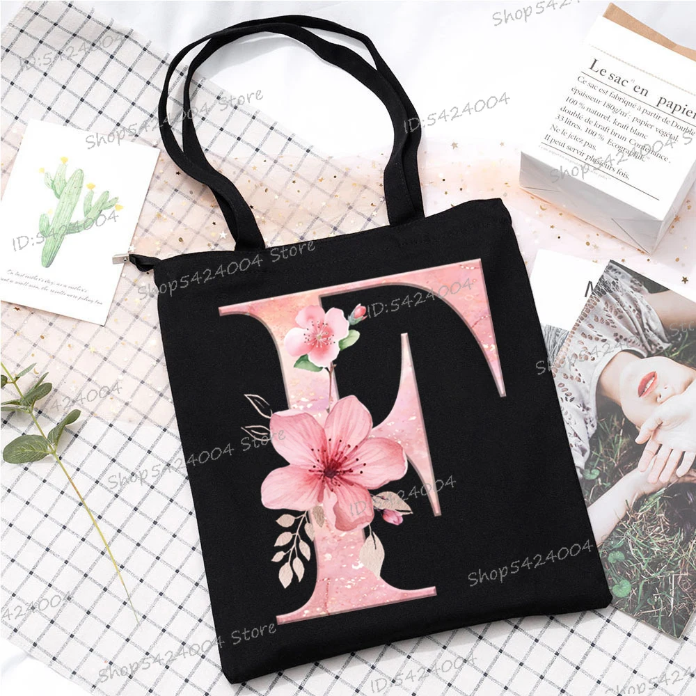 Pink Sakura Alphabet Gift for Women Lightweight Designer Shopper Bag Cherry Blossom Reusable Fashion Pattern Canvas Shoulder Bag