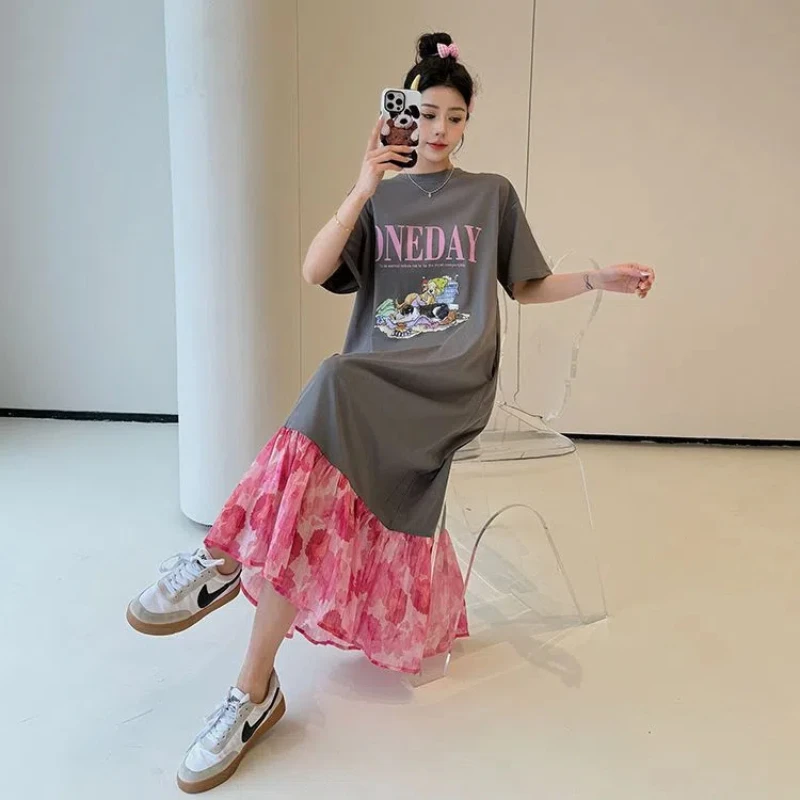 T-shirt à manches courtes pour femmes, grande taille, imprimé patchwork, robe midi coréenne, mode décontractée, été