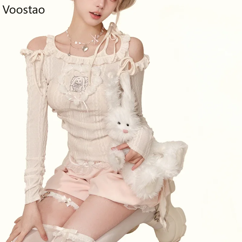 Japanese Kawaii Lolita Style Slim 2 Piece Set Women Sweet Long Sleeve Blouse Tops Y2k Cute Shorts Female Korean Fashion Suits