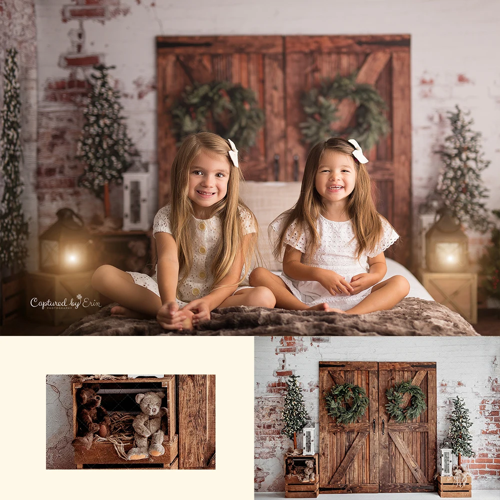 Christmas Headboard Backdrops Girl Kids Portrait Photography Xmas Trees Barn Door Bed Wooden Board Background For Photostudio