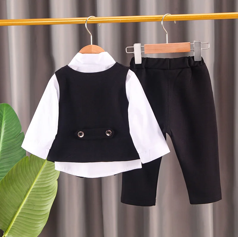 Camiseta blanca de manga larga para niños pequeños, traje a cuadros con corbata, trajes de 3 piezas, conjunto de ropa Formal para niños