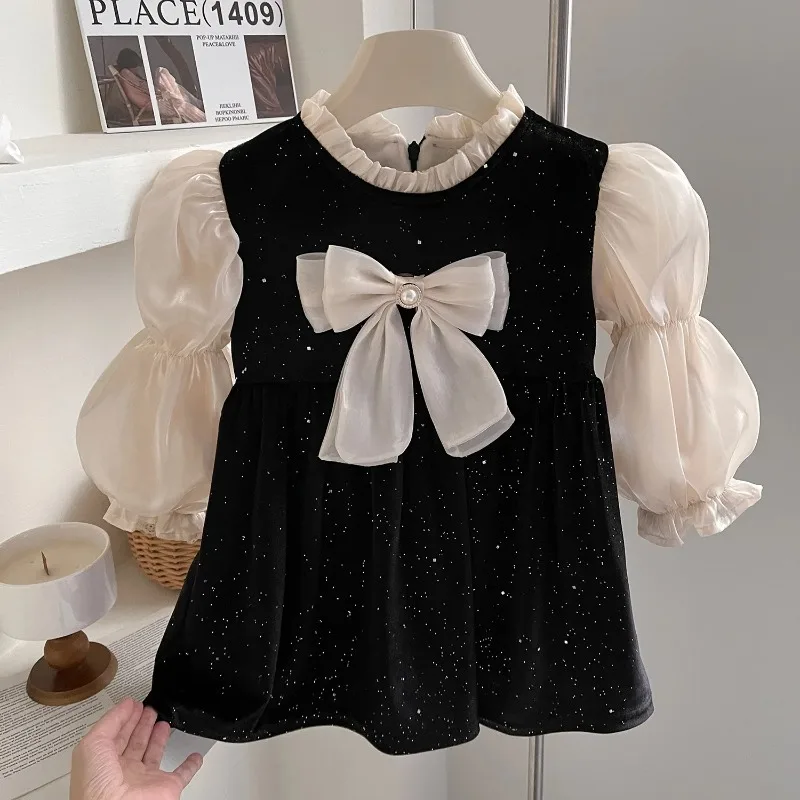 

2025 Winter New Korean Style Girl Baby Temperament Velvet Warm Fashion Long Sleeve Dress Baby Girl Dress Kids Clothes