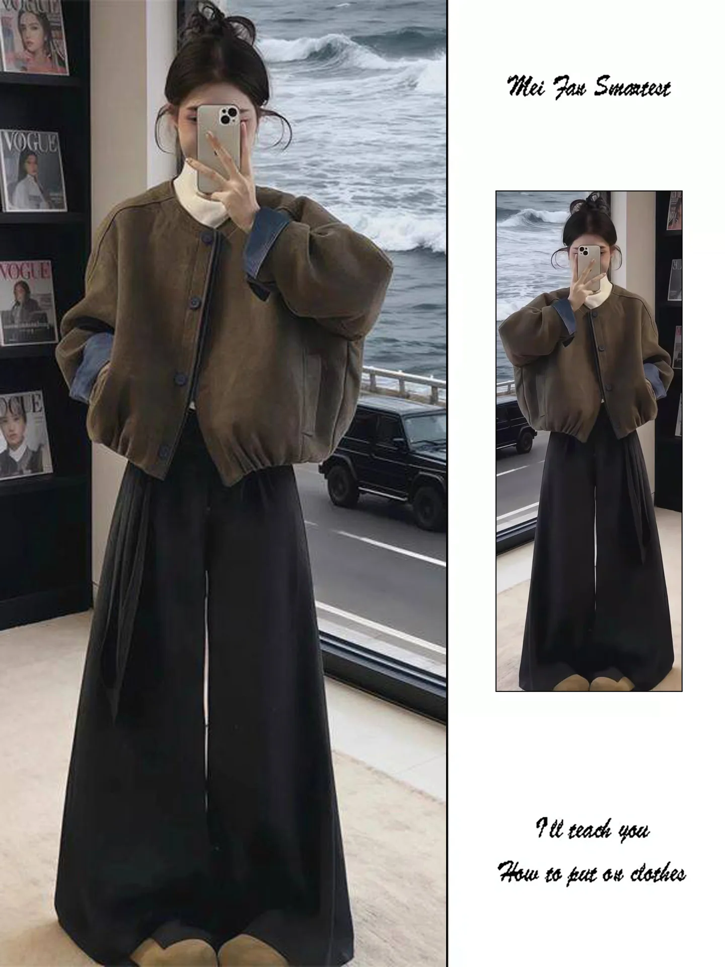 Retro Color Block Short Jacket Women's Spring Autumn Brown Loose Fit Warm Knitted Outerwear American Style Button Design