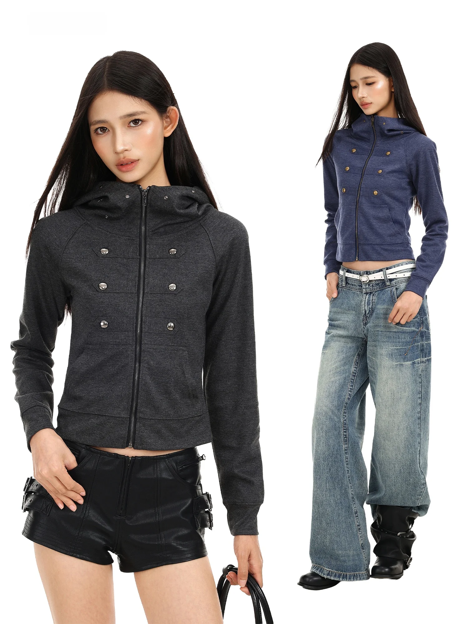 Biggold Napoleon Metal Buckle Hoodie Women's Short Style Zipper Cardigan Coat Casual Wear for Young Women in Autumn