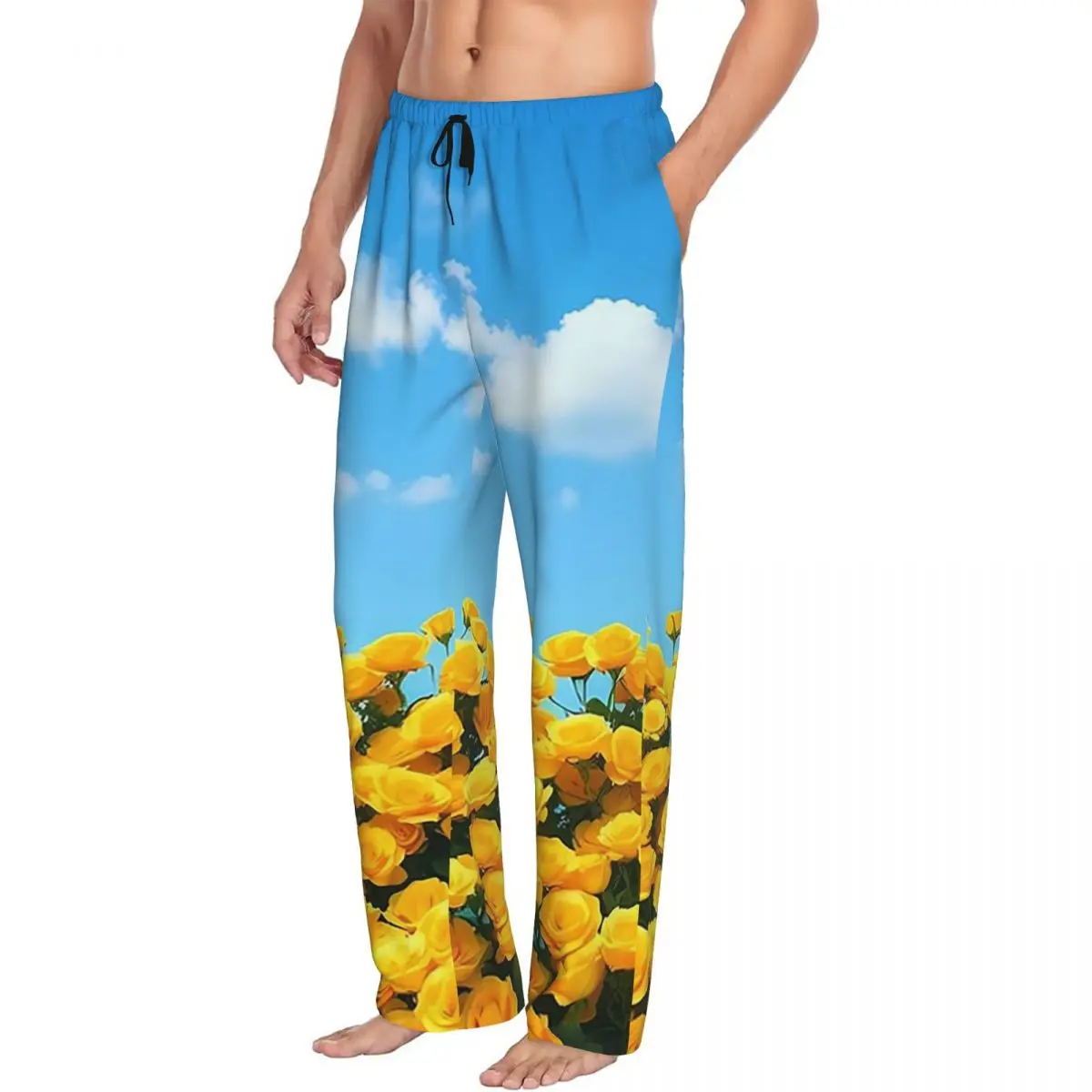 Custom Yellow Roses Bloom Sky Men Pajama Pants Lounge Sleep Sleepwear Bottoms with Pockets