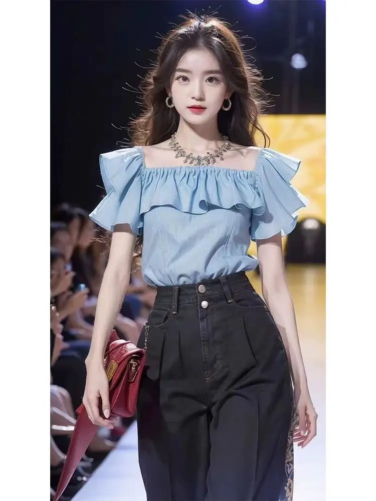 Korea Ruffle Square Neck Short Sleeve Shirt Women Summer Short Tops Girl 2024 New