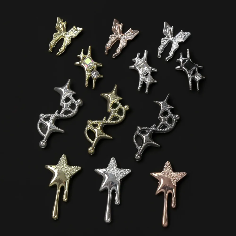 10Pcs 3D Star Alloy Rhinestone Nail Art Charms Gold/Silver Shiny Glitter Diamond Press on Nails Manicure DIY Decorations