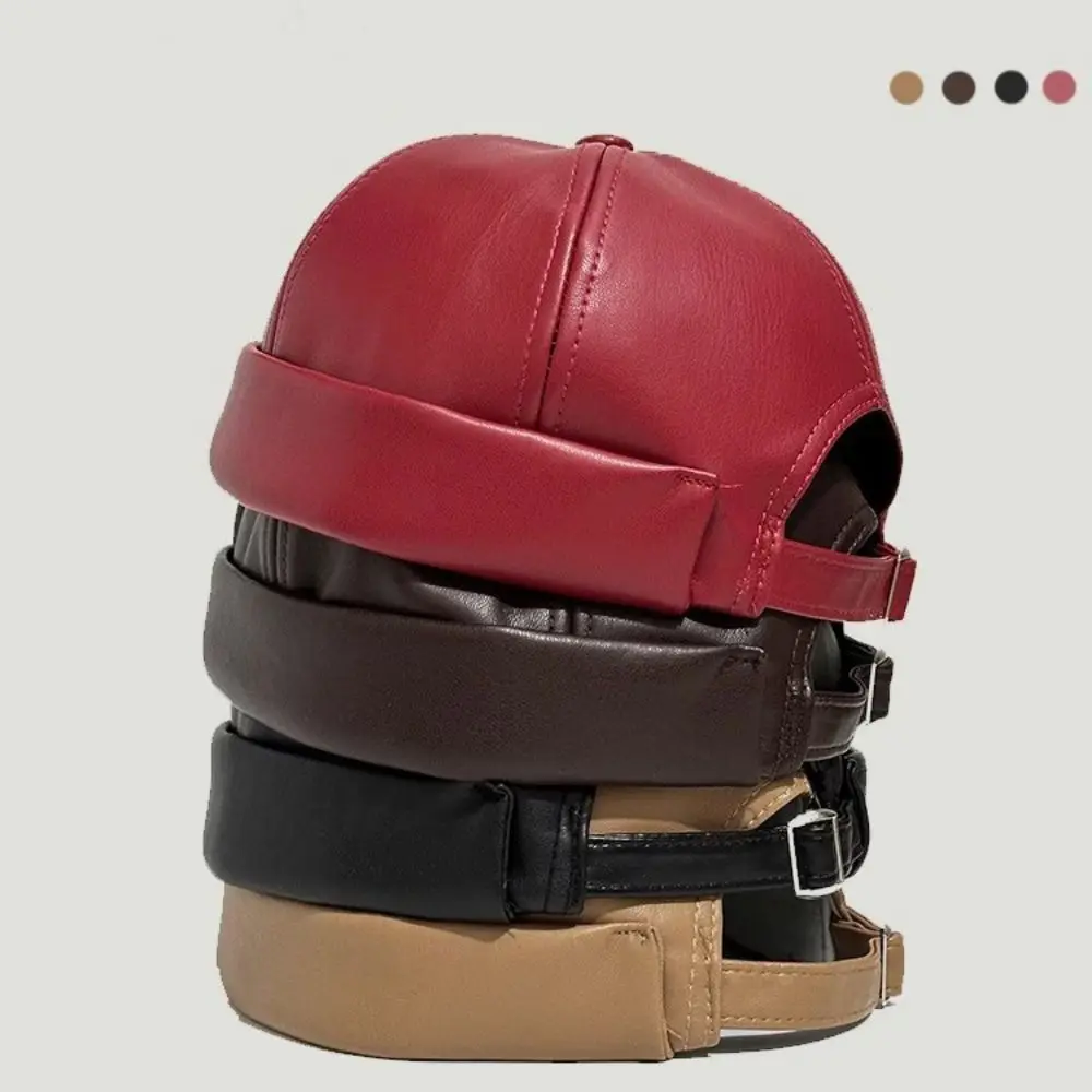 

Casual Retro Brimless Hat PU Leather Adjustable Melon Skin Caps Solid Color Landlord Hat Autumn Winter