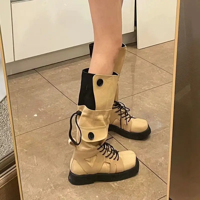 Buty damskie Długie obuwie Platforma Czarne buty dla kobiet Zimowe buty do kolan Kwadratowe palce Western Punk Gyaru Boot 2024 New Hot