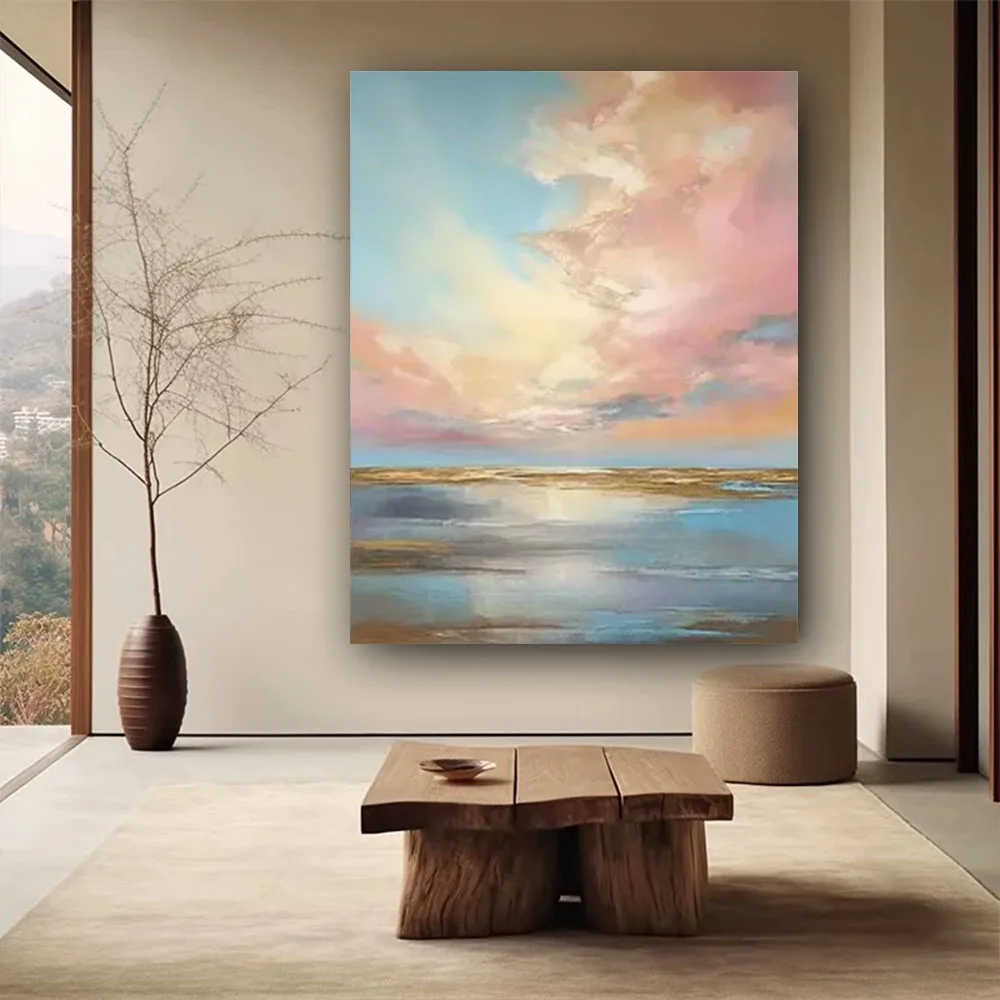 Interior With Sea View Decor Hand Painted Oil Paintings On Canvas Thick Oil Texture Scraper Draws Kanagawa Wave Pattern Wall Art