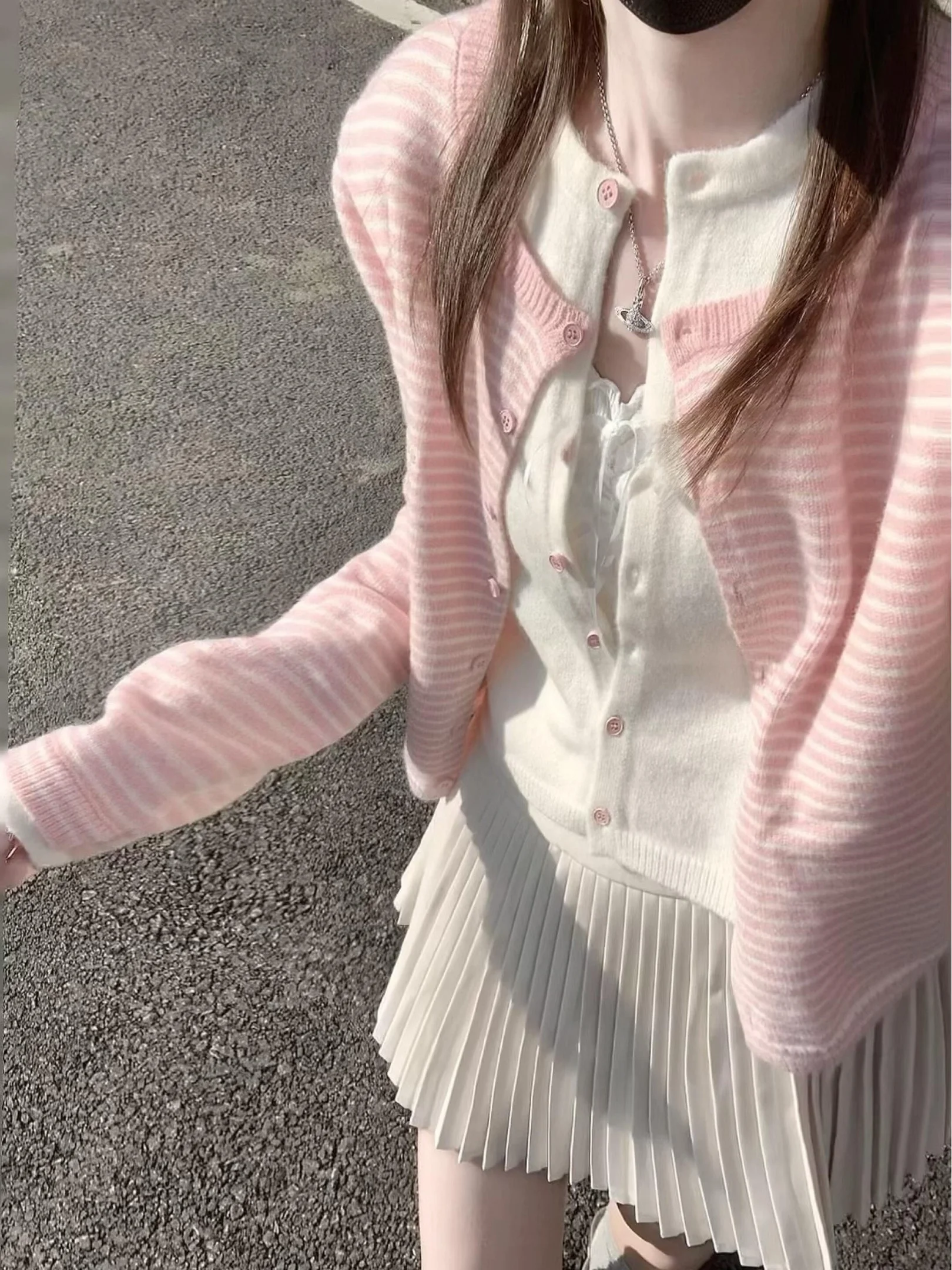 

Вязаный кардиган в розовую полоску, повседневный универсальный свитер, дэт, осень 2023, новинка, маленький размер, корейский, милый, свободный крой