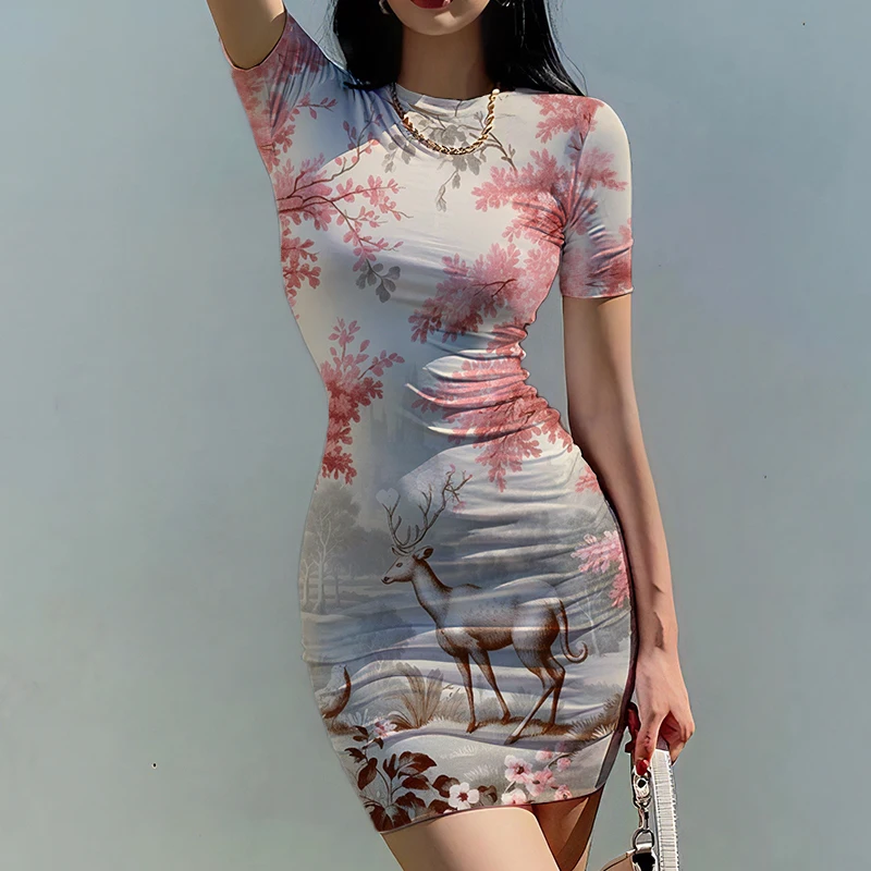 Summer new ladies slim dress pink wood 3D printed lady dress fashion ladies slim dress trend casual lady slim dress