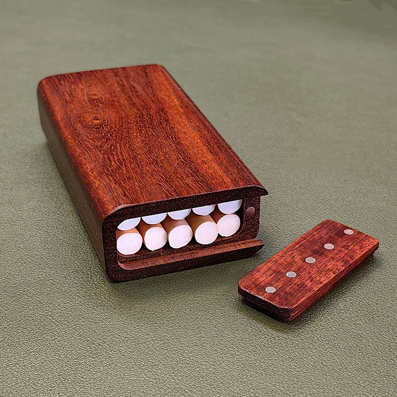 Blood Sandalwood Clamshell Cigarette Case Magnet Push Cover Handmade Engraving Solid Wood Hand Roll Smoking Lighter Storage Box