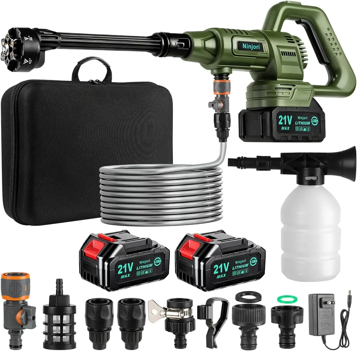 

Cordless Power Washer 1100PSI 3.0GPM, 6-in-1 Nozzle, Foam Cannon, 26ft Hose for Car & Home