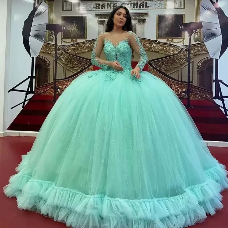 

ANGELSBRIDEP Amazing Mint Green Quinceanera Dress Long Sleeve Sparkling Sequin Beaded Lace Applique Party Birthday Prom Dress