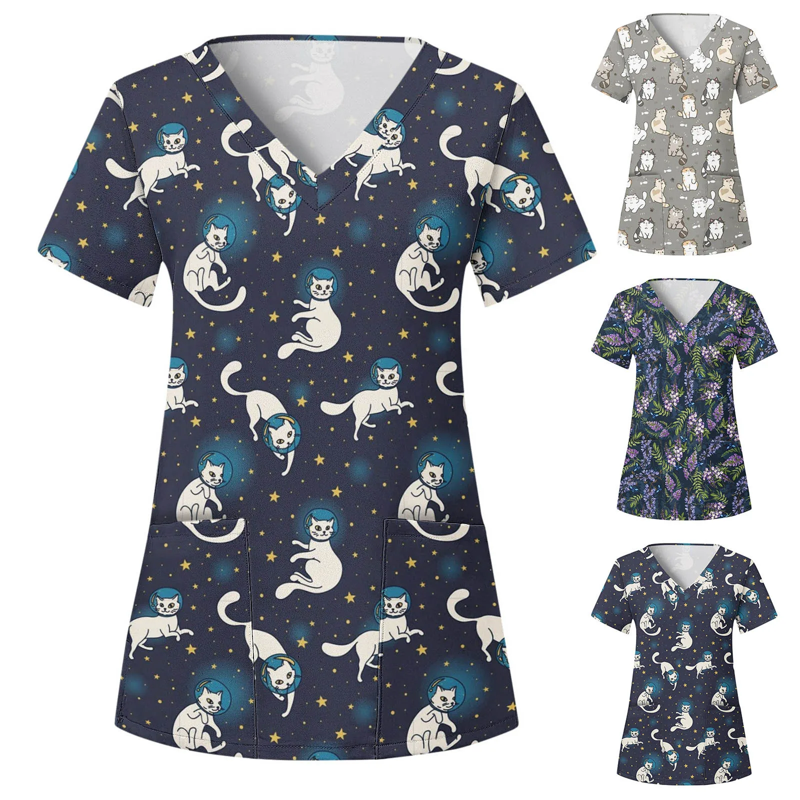 Women Cat Animal Printed Medical Nurse Uniform Short Sleeve Work Overalls Blouse Scrubs Nursing Accessories Uniforms Scrubs Tops