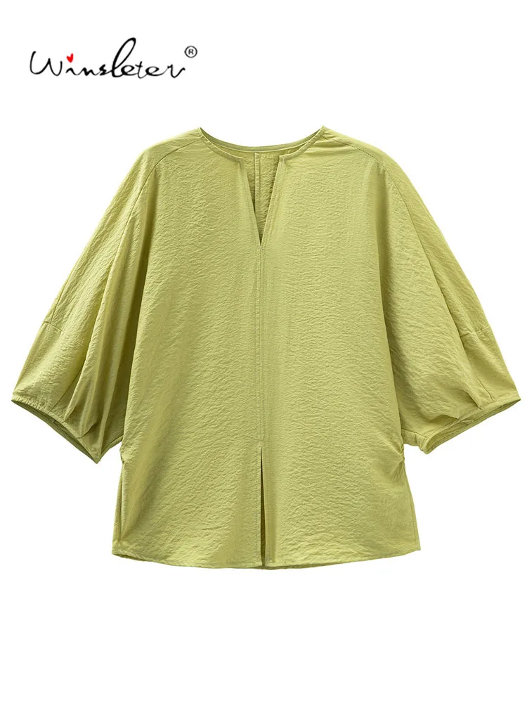 Winsleter-78%Dry Silk 22%Nylon Elegant T-Shirt, V Neck Lantern Sleeve, Women Simplicity Commute Loose Top, 2026 Autumn T68103CC