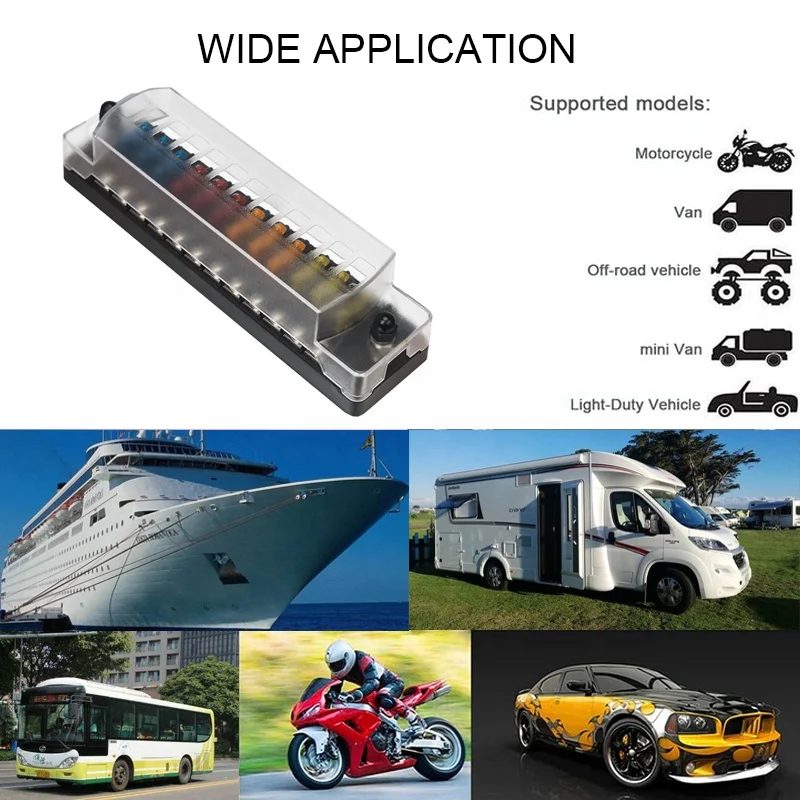 Excavator Marine Tractor 12 Way 12V Standard Circuit Car Fuse Box DC Electrical Waterproof RV auto blade fuse block With Cover