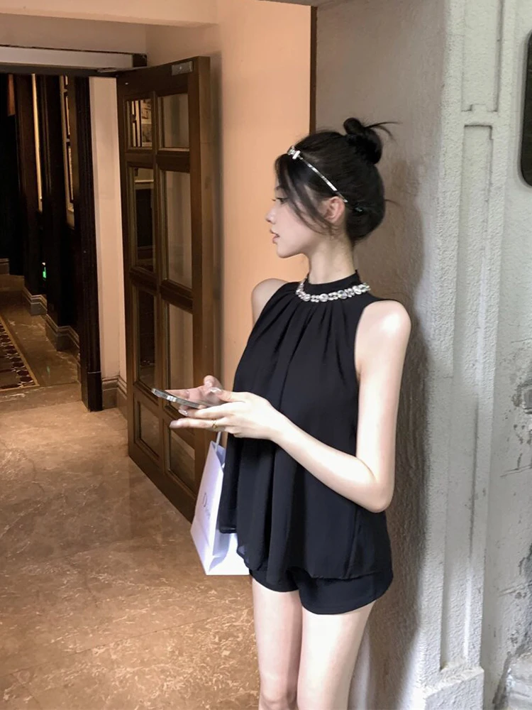 

Spring 2026 Chic Slimming Water Diamond Ne Hanging Svel Top High Quali Chiffon irt Women's Faion Casual round Ne