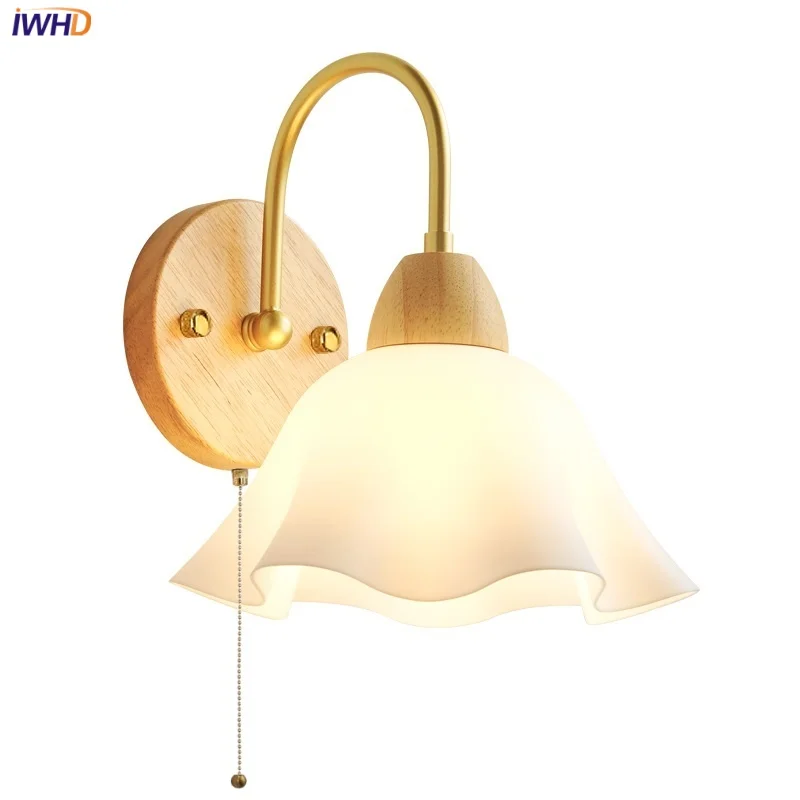 IWHD Acrylic LED Wall Light Fixtures Pull Chain Switch Bedroom Bathroom Hotel Simple Modern Wood Base Bedside Lamp Aplique Pared