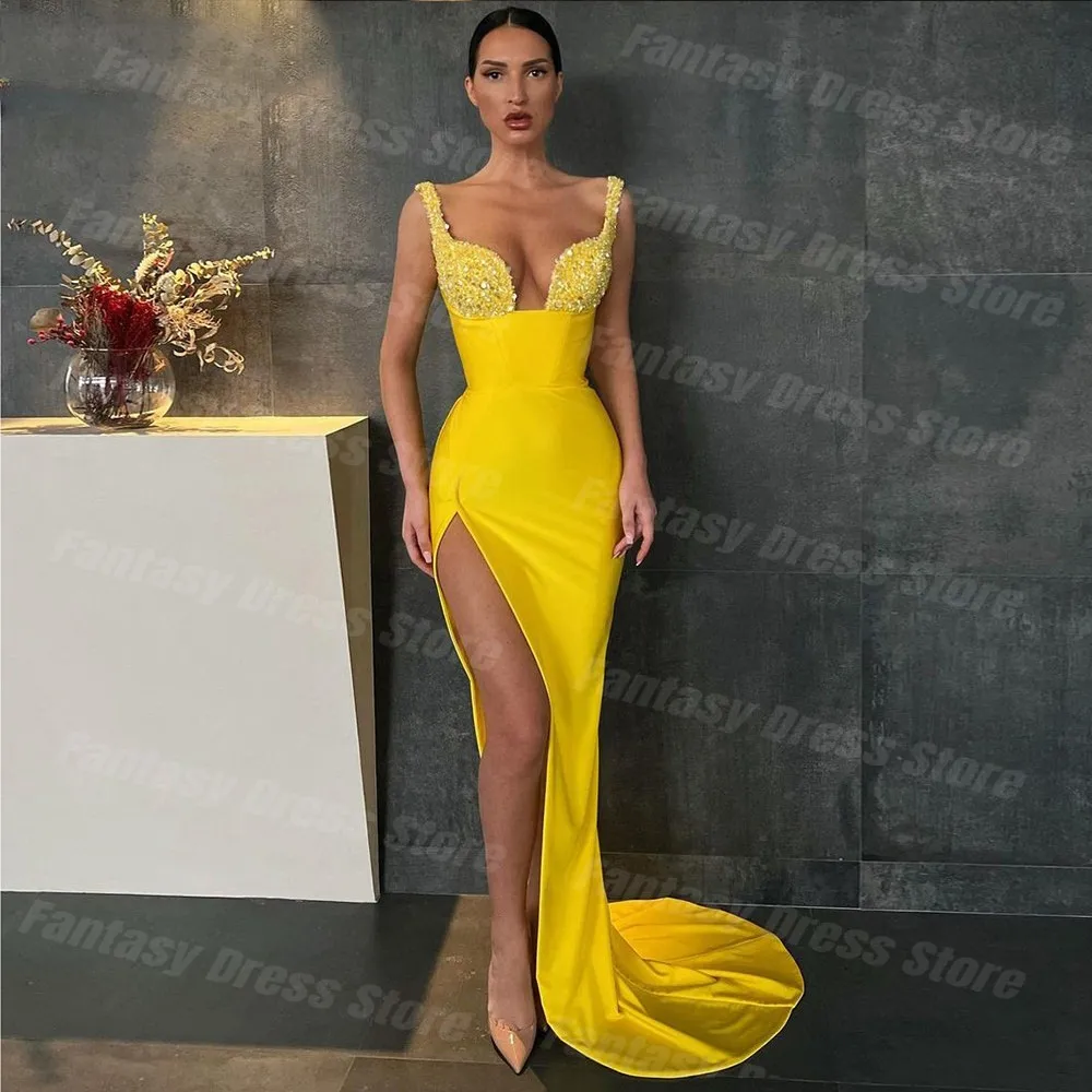 

2023 Elegant Yellow Satin Crystal Beaded Porm Dresses Sexy Deep V-neck Mermaid Side Split Open Back Sleeveless Evening Dresses