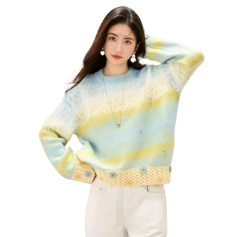 

2026 Autumn/Winter New Fashionable Versatile Slimming Thick Sweater Women Round-neck Knitted Pullover Loose Long-sleeved Top