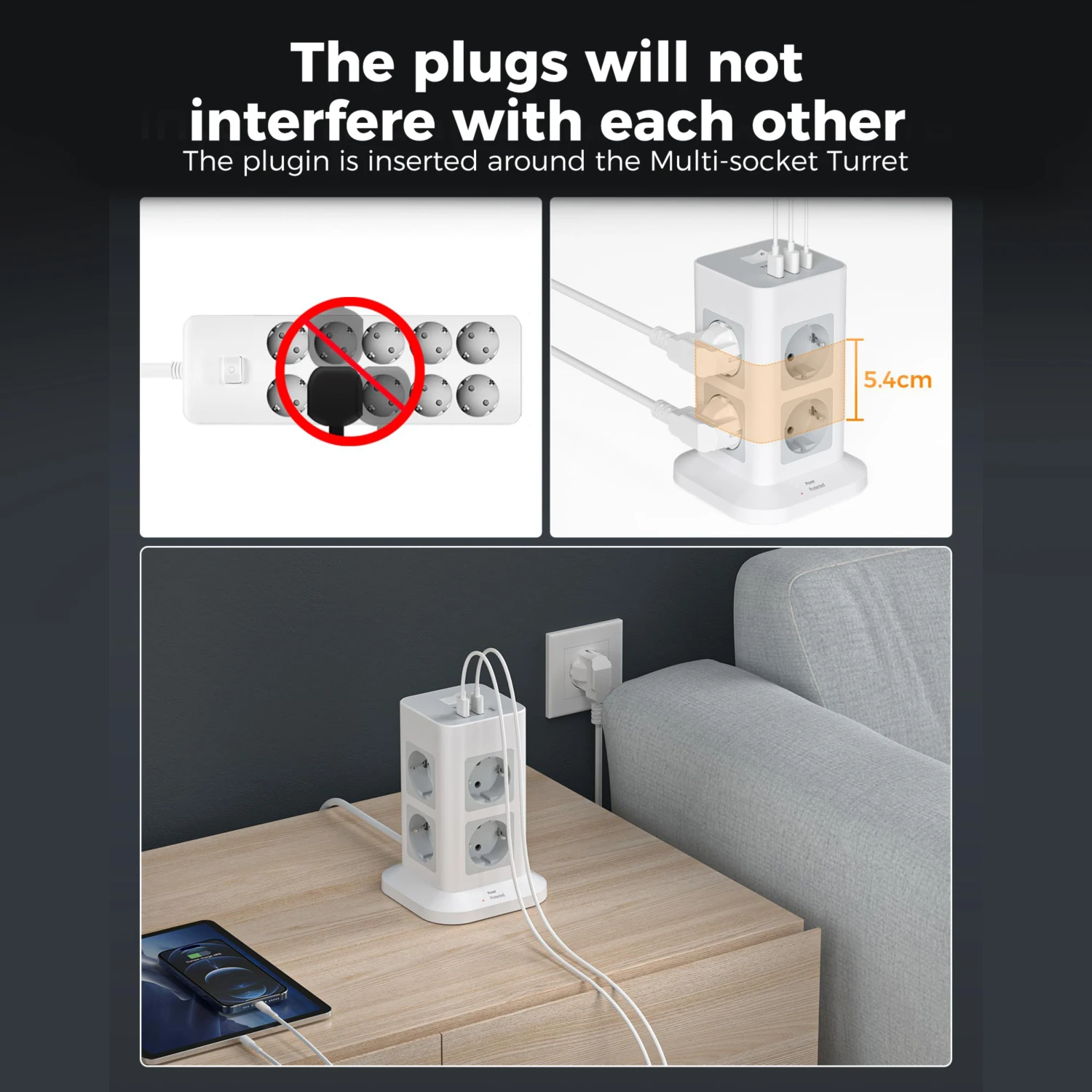 TESSAN Multi Sockets Power Strip with 8 Outlets 2 USB 1 Type C EU Plug Vertical Tower Socket 2M Extension Cable Surge Protection