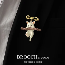 Cute Simulation Holding Branch Cat Cartoon Brooch for Women Men Backpack Clothing Jewelry Accessories Kids Christmas Gifts