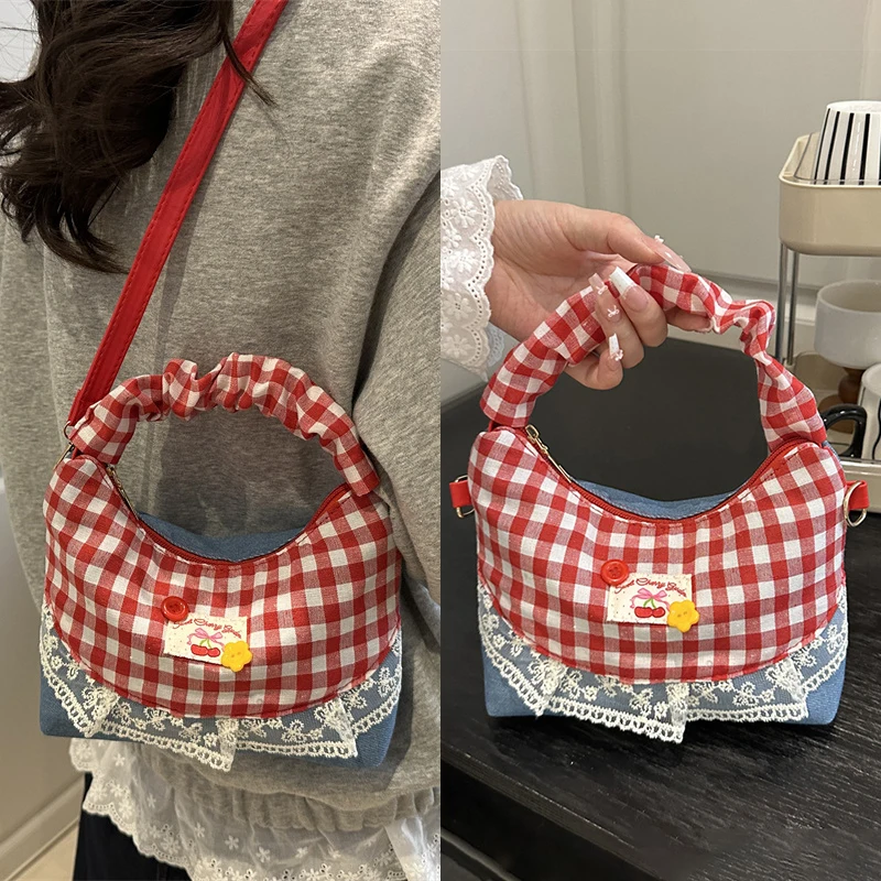 

Sweet Lace Plaid Women's Shoulder Bags Patchwork College Style Crossbody Bag Y2K KoreanHandbags