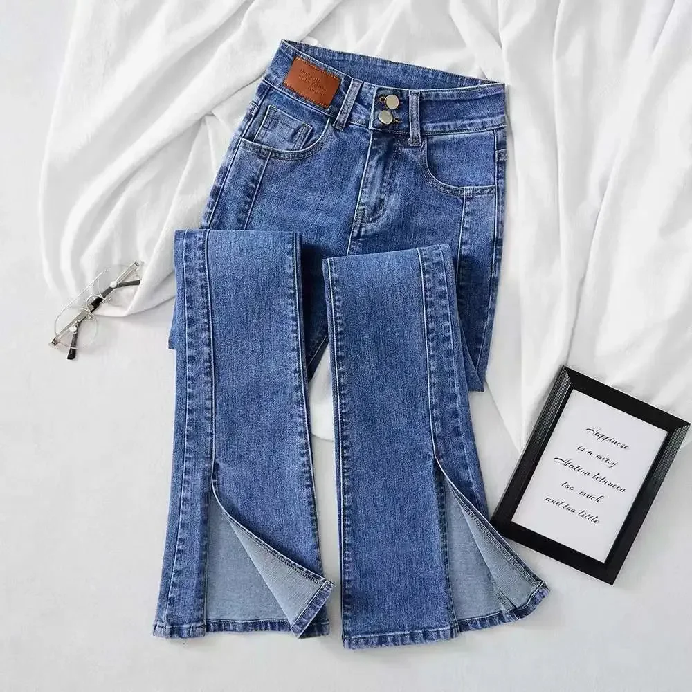 Korean Vintage Split Skinny Flare Jeans Women High Waist Stretch Casual Boot Cut Denim Pants Solid Streetwear Slim Vaqueros New