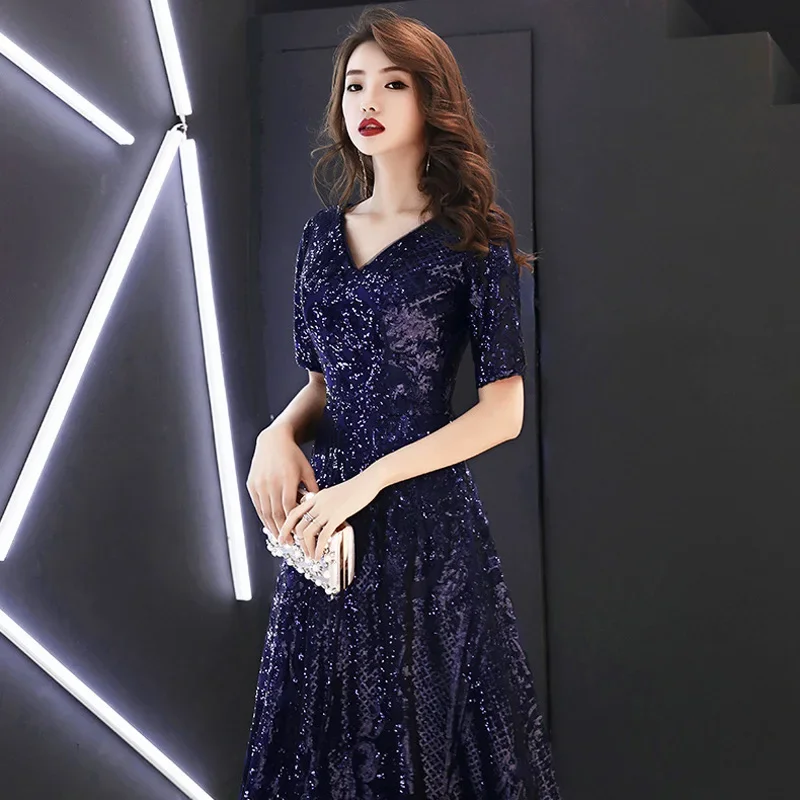 Robe de soirée bleu marine à paillettes Bling pour femme, col en V, manches courtes, ligne A, longueur au sol, grande taille, robe de soirée formelle, 123