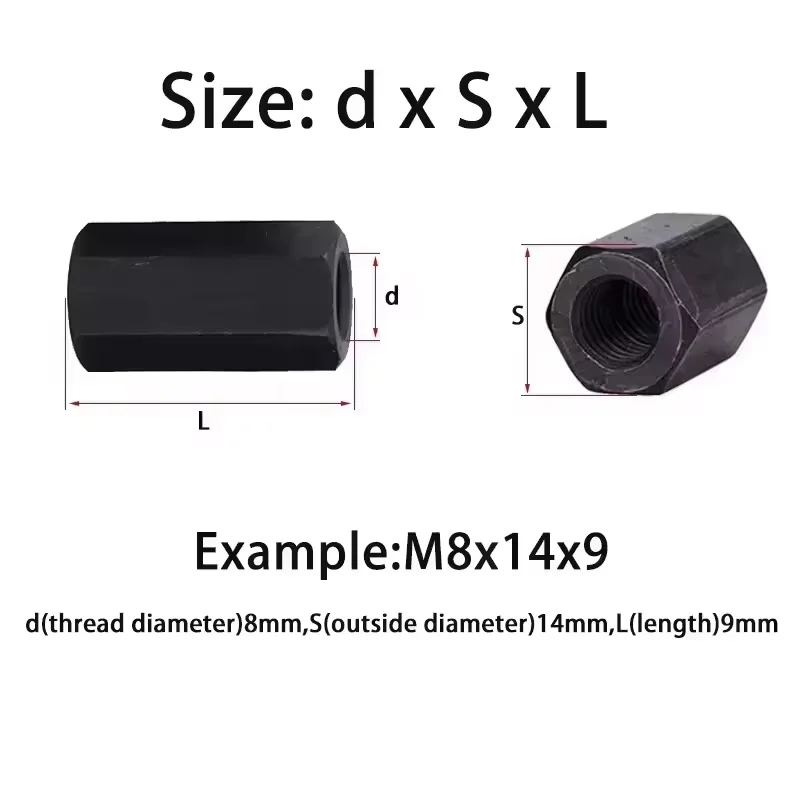Black 45# Steel M8 M10 M12 M14 M16 M20 ~ M40 Hex Connector Nuts Threaded Rod Couplers Hexagon Long Nut