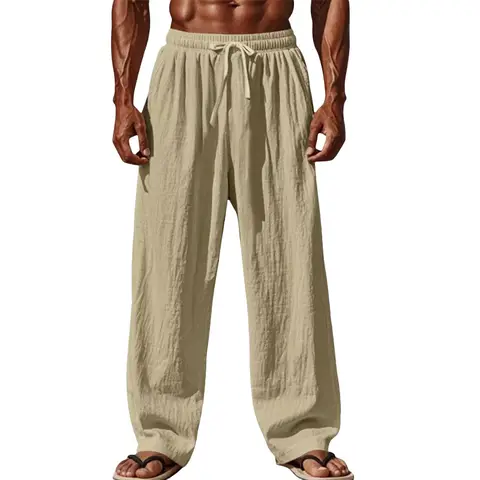 2025 New Men Cotton and Linen Casual Pants Simple and Comfortable Straight Leg Pants Waist Drawstring Plus Size Looser S-4XL