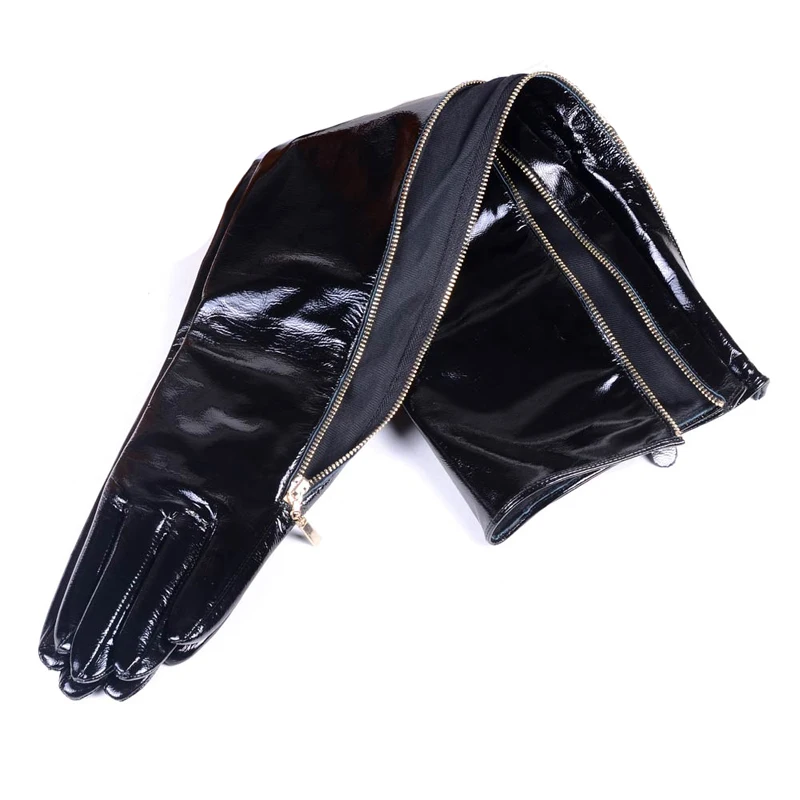 40 50 60 70 80cm Women\'s Ladies Genuine leather Shiny Black Patent Leather Zipper Party Evening Overlength Opera/long gloves