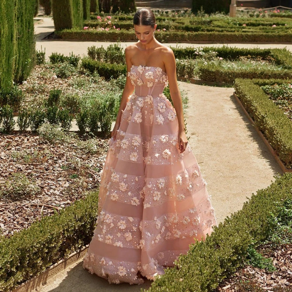 

Strapless Light Pink Sequins Flowers Prom Dress A-line Sparkly Evening Dresses Custom Made Floral Gown Ever Pretty Any Color